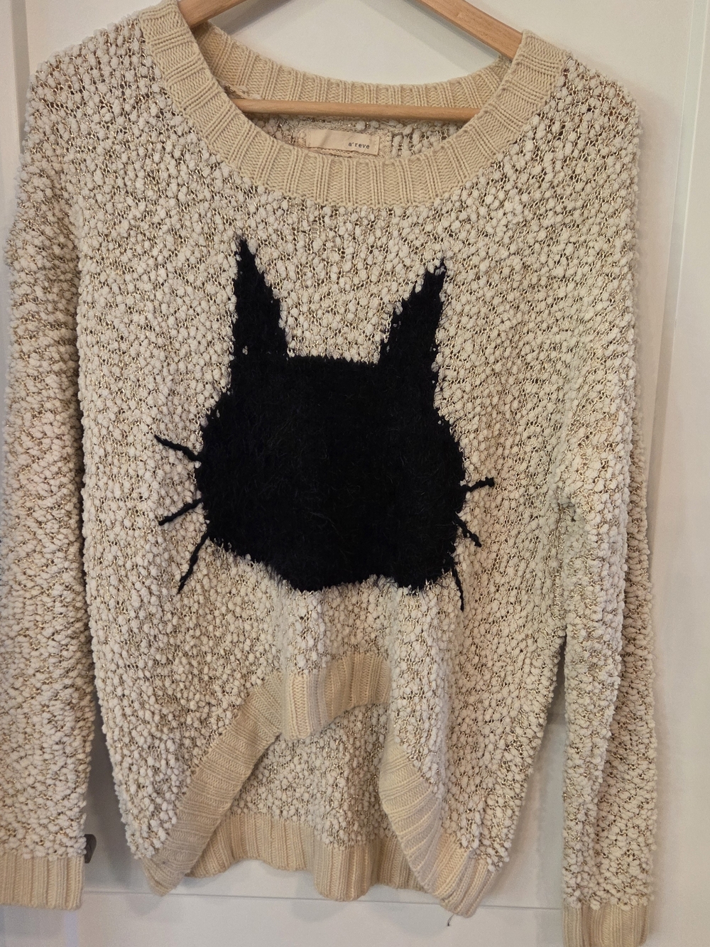 A'reve Cat Sweater Cream Gold Metallic Popcorn Knit Soft Cropped Cozy Whimsical